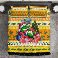 Yellow Christmas bedding set with cartoon crocodile graphic and matching pillowcases