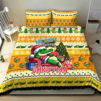 Yellow Christmas bedding set with cartoon crocodile, tree scene, and two matching pillows