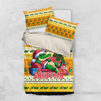 Yellow duvet cover and two pillowcases with cartoon crocodile Christmas print