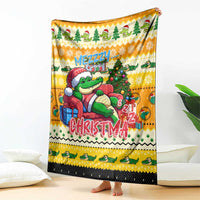 Yellow crocodile themed Christmas throw blanket with holiday trees and gifts