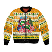 Yellow unisex bomber jacket with full-zip front, ribbed black cuffs, festive cartoon graphic