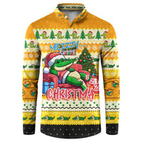 Yellow Christmas button sweatshirt with crocodile graphic, tree and holiday pattern