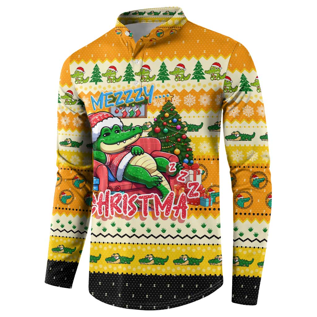Mustard-yellow Christmas button sweatshirt with crocodile under festive row of trees
