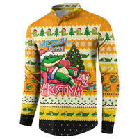 Mustard-yellow Christmas button sweatshirt with crocodile under festive row of trees