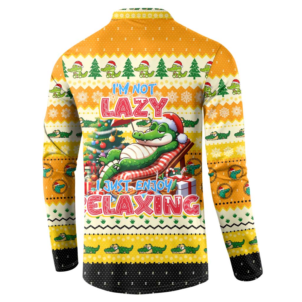 Yellow Christmas button sweatshirt back print with crocodile resting on sleigh and text
