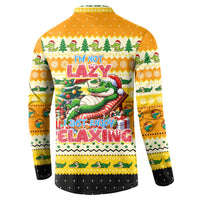 Yellow Christmas button sweatshirt back print with crocodile resting on sleigh and text