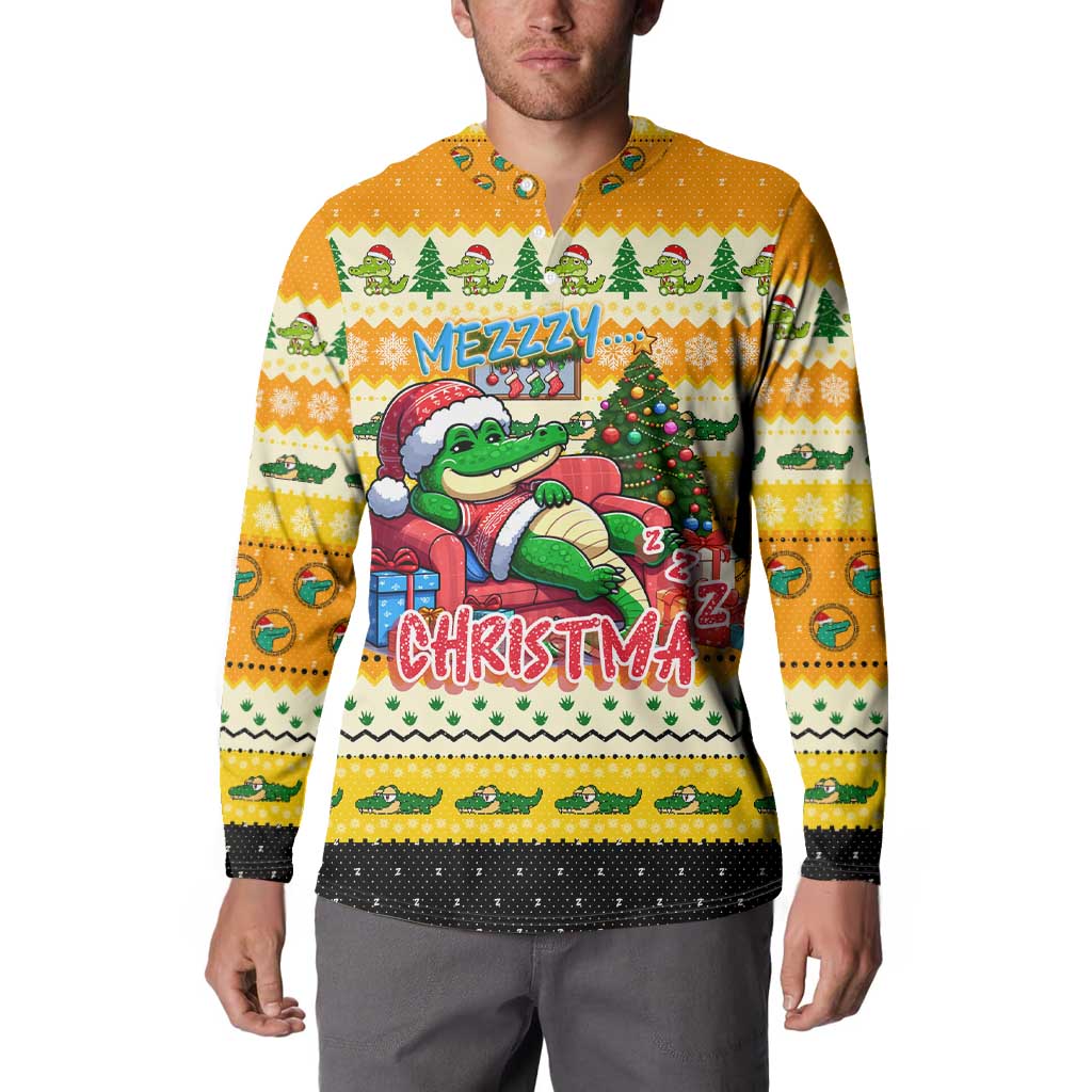 Yellow Christmas button sweatshirt worn by model, front crocodile graphic and holiday lettering