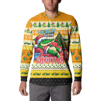 Yellow Christmas button sweatshirt worn by model, front crocodile graphic and holiday lettering