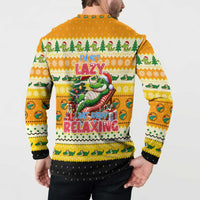 Yellow Christmas button sweatshirt worn by model, back crocodile sleigh graphic with slogan