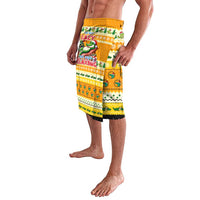 Yellow patterned lavalava shorts with festive print and black hem band, side view