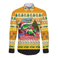 Yellow long-sleeve button-up shirt with cartoon crocodile Christmas graphic and trees