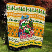 Yellow Christmas quilt featuring crocodile holding gift near tree, Mezzy and Christmas