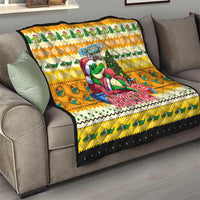 Yellow Christmas quilt with crocodile Santa holding tree, Mezzy and Christmas typography