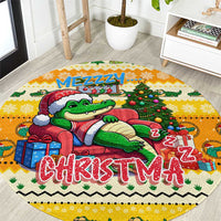 Yellow round Christmas rug with cartoon crocodile, presents, and 'CHRISTMAS' text