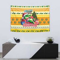 Yellow Christmas wall tapestry with cartoon alligator, decorated tree, and 'MEZZZY' text