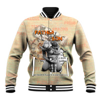 Beige baseball jacket with black-and-white striped collar, bold father-and-son print