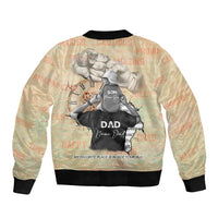 Personalized father-son bomber jacket, beige with black rib trim; back graphic with DAD.