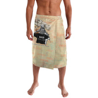 Tan printed lava lava sarong with elastic waistband and graphic dad/son patch, knee length
