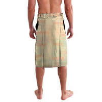 Tan printed lava lava sarong with patterned waistband and full front typography design