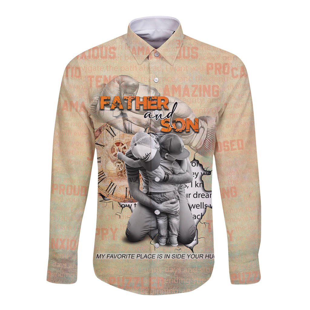 Peach long-sleeve button shirt with Father and Son graphic on the front