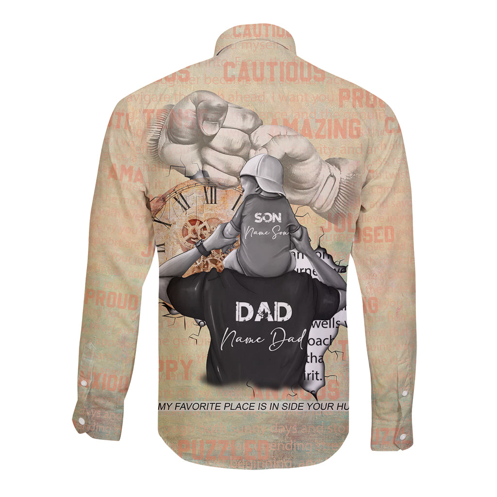 Peach long-sleeve button shirt with Father and Son graphic on the back