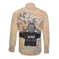 Peach long-sleeve button shirt with Father and Son graphic on the back