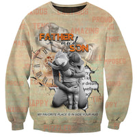 Tan crewneck sweatshirt with father-son hug graphic and inside-your-hug text