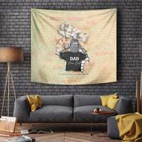 Gold-beige wall-hanging tapestry with father-and-son hug illustration and “DAD”