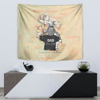 Gold-beige tapestry with father-and-son hug figure and black “DAD” badge