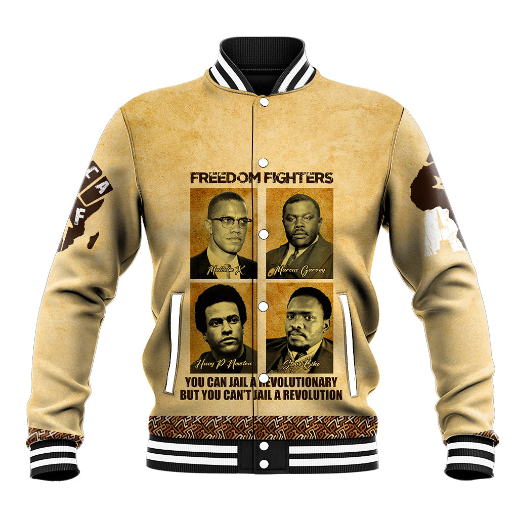 Beige baseball jacket with varsity ribbed trim, snap front, and large front graphic