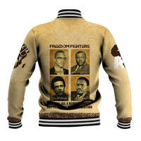Beige baseball jacket with ribbed black-and-white collar, cuffs, and back graphic panel