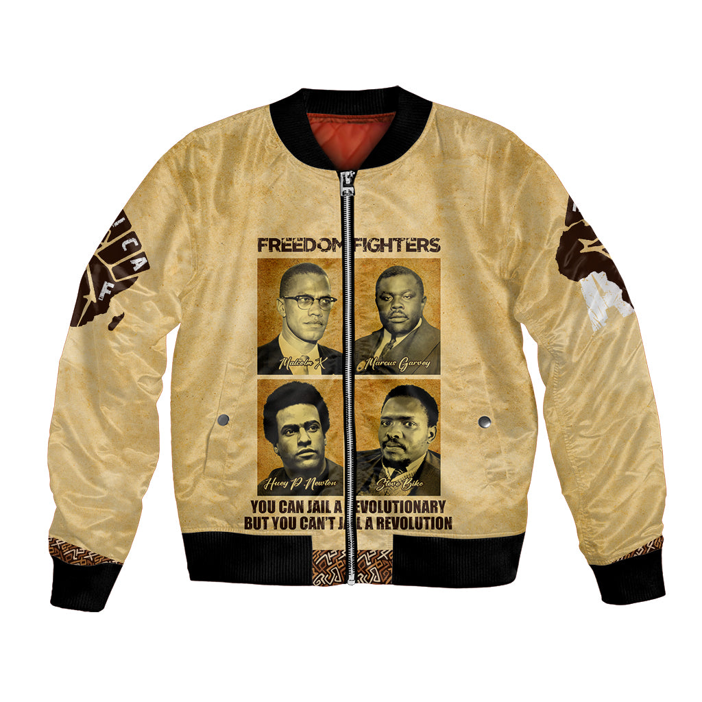Beige unisex bomber jacket with Freedom Fighters portrait graphic and ribbed cuffs