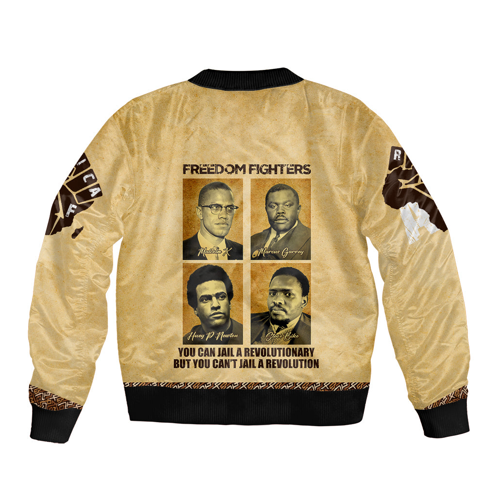 Beige unisex bomber jacket, back print with Freedom Fighters portraits and text