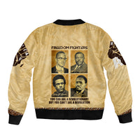 Beige unisex bomber jacket, back print with Freedom Fighters portraits and text