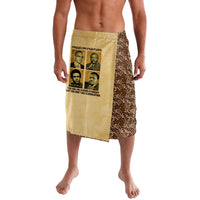 Beige lavalava skirt with printed portraits and text, plus patterned side panel