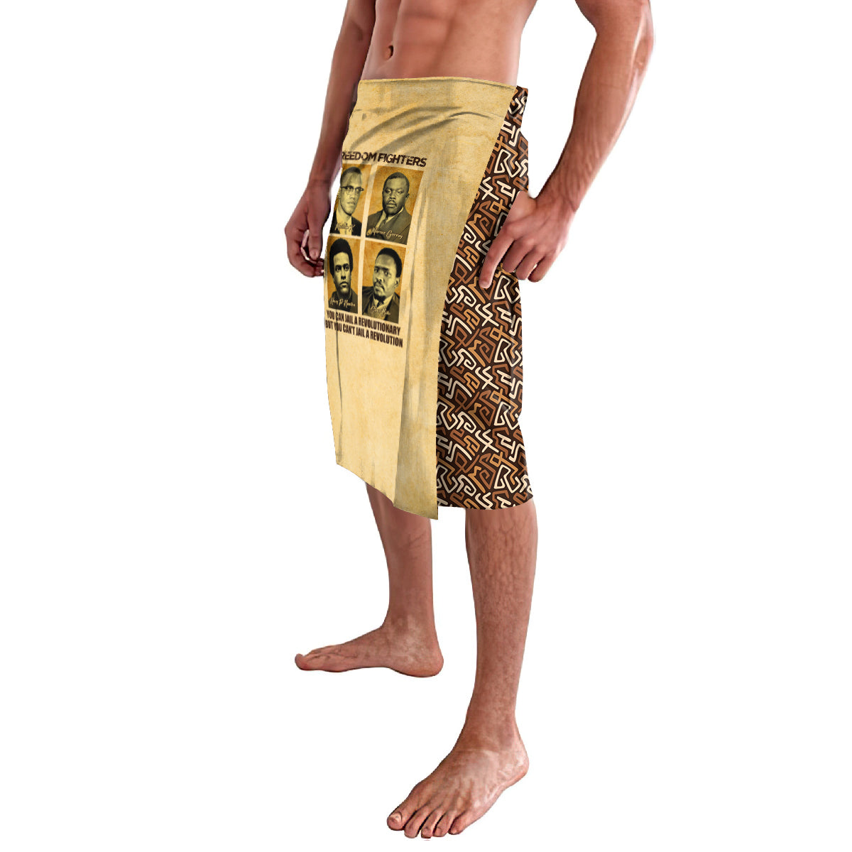 Beige lavalava skirt with portrait graphic and text, patterned side overlay