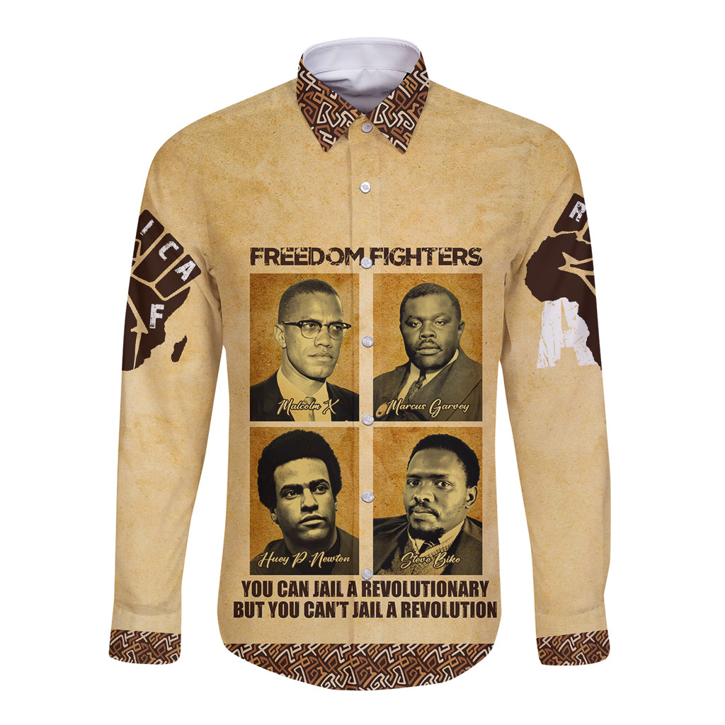 Beige long-sleeve button shirt with Freedom Fighters graphic and portrait collage front