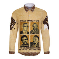 Beige long-sleeve button shirt with Freedom Fighters graphic and portrait collage front