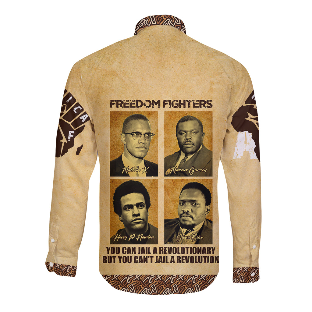 Beige long-sleeve button shirt with Freedom Fighters graphic portrait collage on back