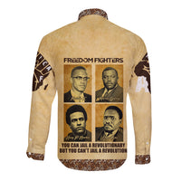 Beige long-sleeve button shirt with Freedom Fighters graphic portrait collage on back