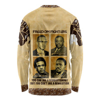 Beige long-sleeve shirt back with Freedom Fighters portraits and patterned sleeve print