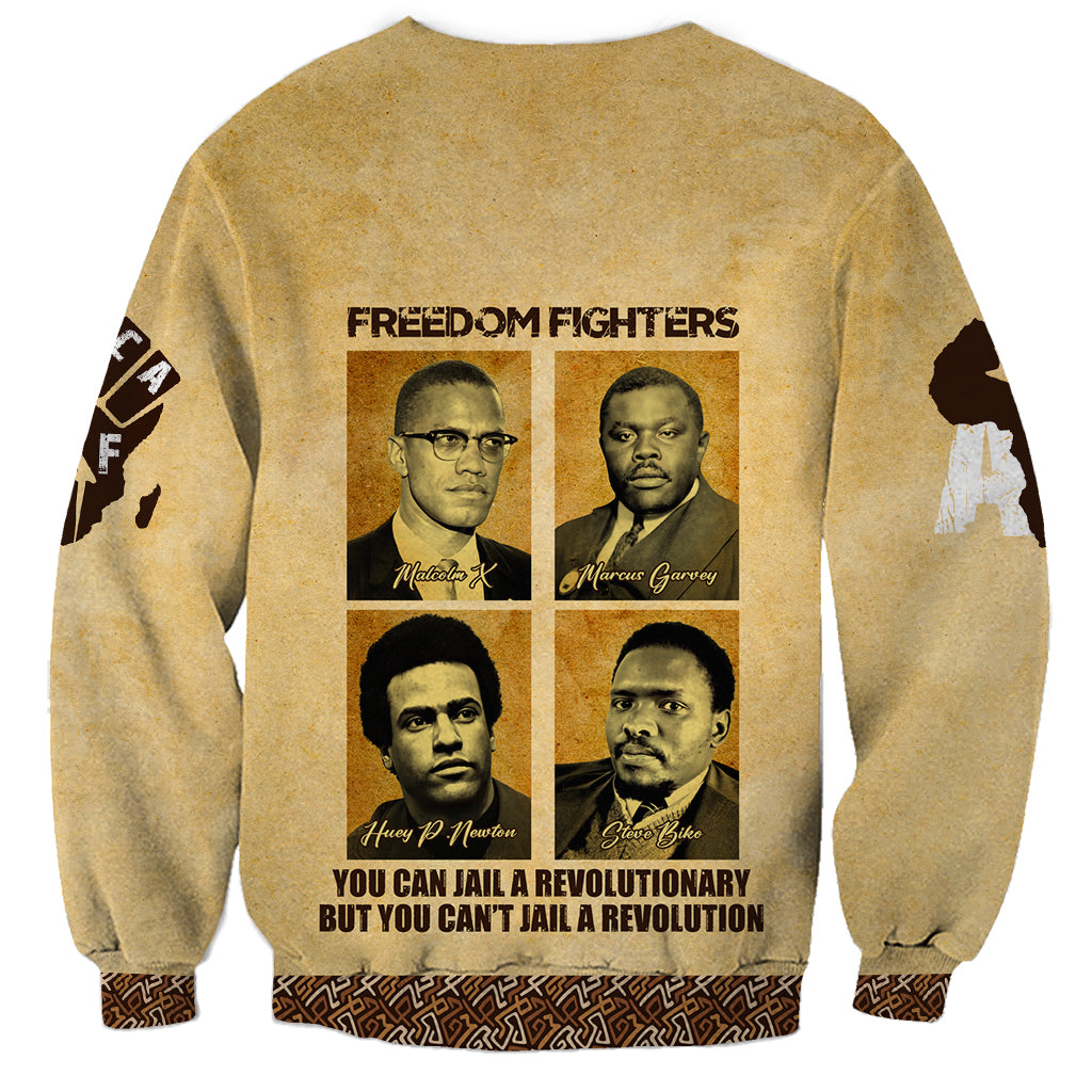 Unisex beige crewneck sweatshirt with leader portrait collage; patterned sleeve prints
