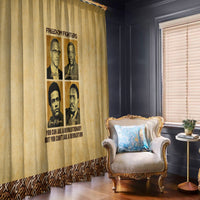 Beige Freedom Fighters window curtain with portrait panel and geometric patterned bottom