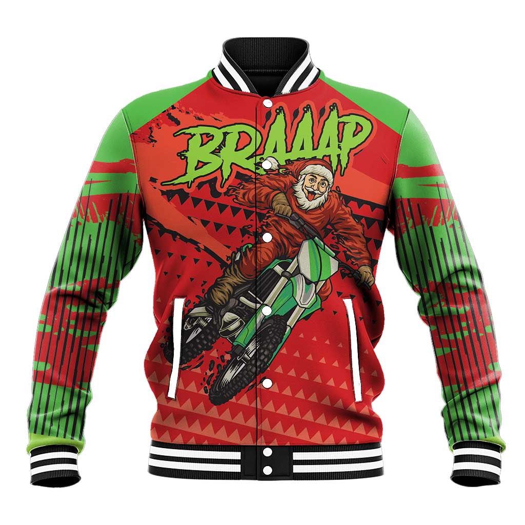Red and green motocross baseball jacket with santa graphic, striped cuffs, ribbed collar