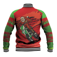 Red and green motocross baseball jacket back with santa rider graphic, striped sleeves, ribs