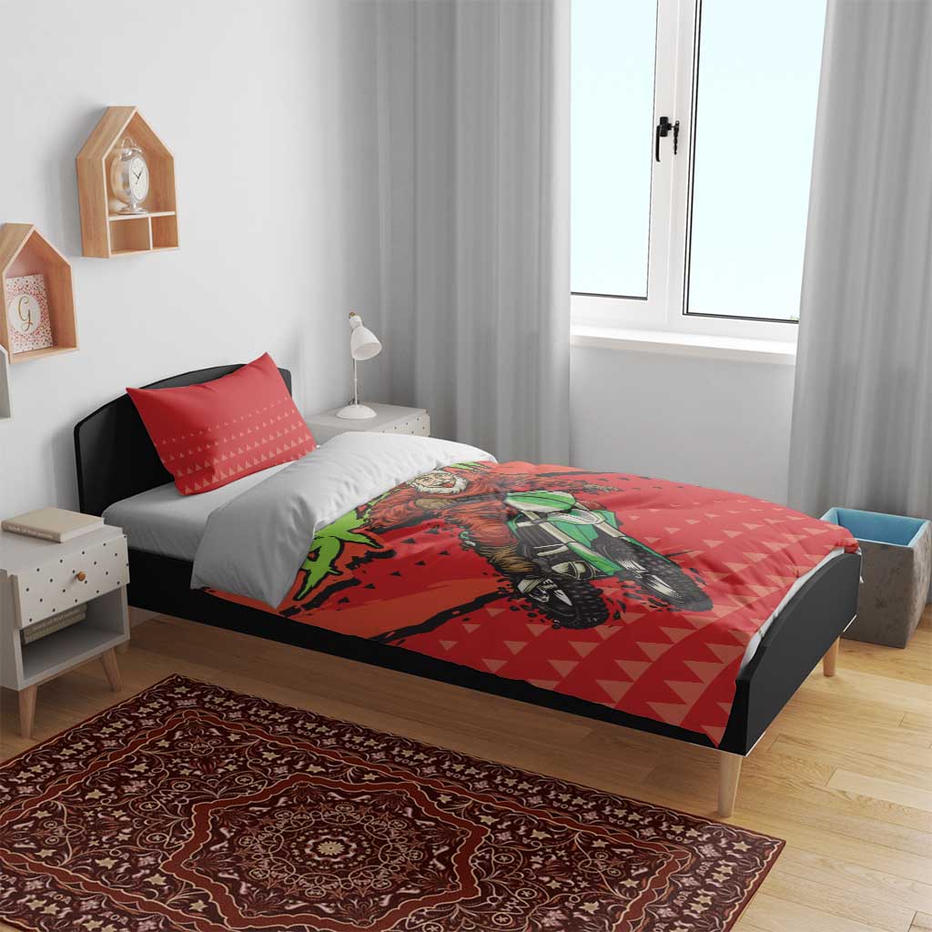 Red motocross Santa bedding set with printed duvet and coordinating pillowcases