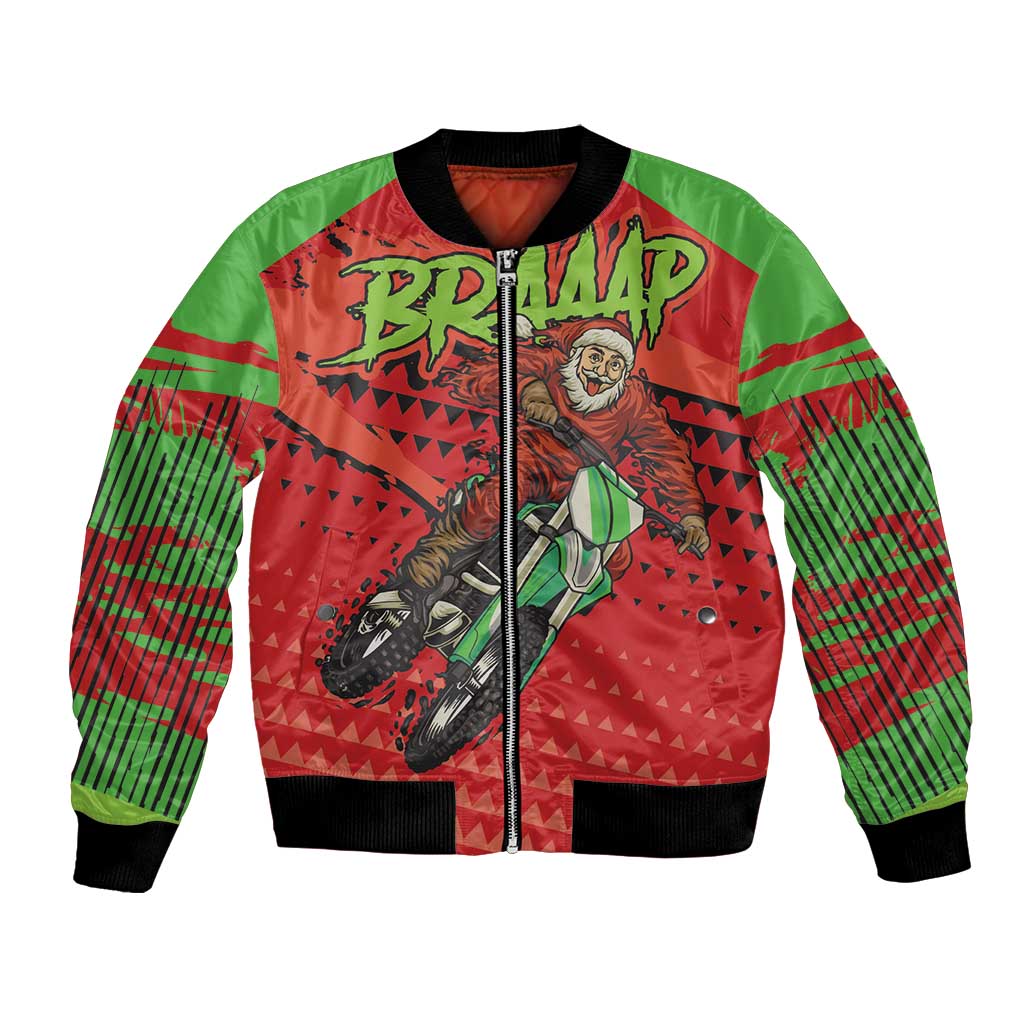 Unisex bomber jacket with red front, green sleeves, black ribbing, full-zip and rider graphic