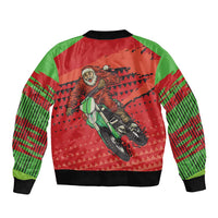 Unisex bomber jacket back with red triangular pattern, green sleeves, black ribbing, rider art