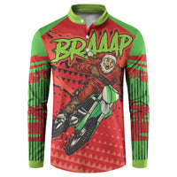 Red and green button front long-sleeve sweatshirt with motocross Santa graphic