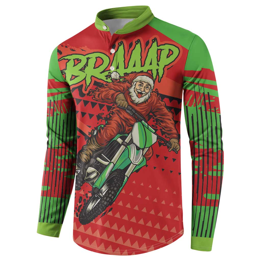 Red and green button front long-sleeve sweatshirt with side stripe panels and motocross art